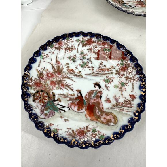 Japanese Antique China Four 7 in. Plates Cobalt Gold  Trim Geisha 1970's - Picture 2 of 16